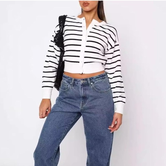 Sweaters - Striped Black and White Women's Cardigan - NWOT Size L